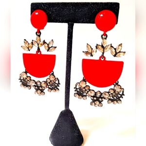 Glam Red Black Crystal Statement Earrings Odille PARIS France Omega Clip Post